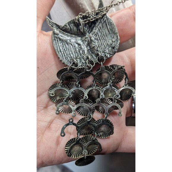 Quirky Y2K Own Pedant Necklace With Disc Fringe Feathers And Yellow Gem Eyes - Picture 4 of 10